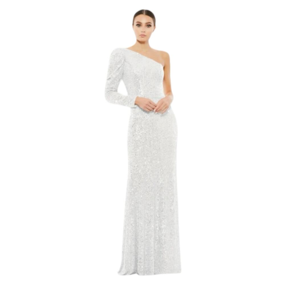 Mac Duggal White One Shoulder Sequin Trumpet Gown Size 8 Style #26591 NWT
